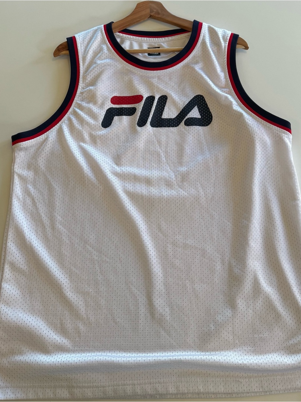 FILA White Mesh Logo Tank Top with Navy & Red Trim